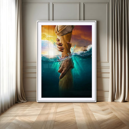 A dramatic scene of a hand reaching underwater and being lifted, symbolizing rescue and faith, ideal for spiritual or Christian wall decor.