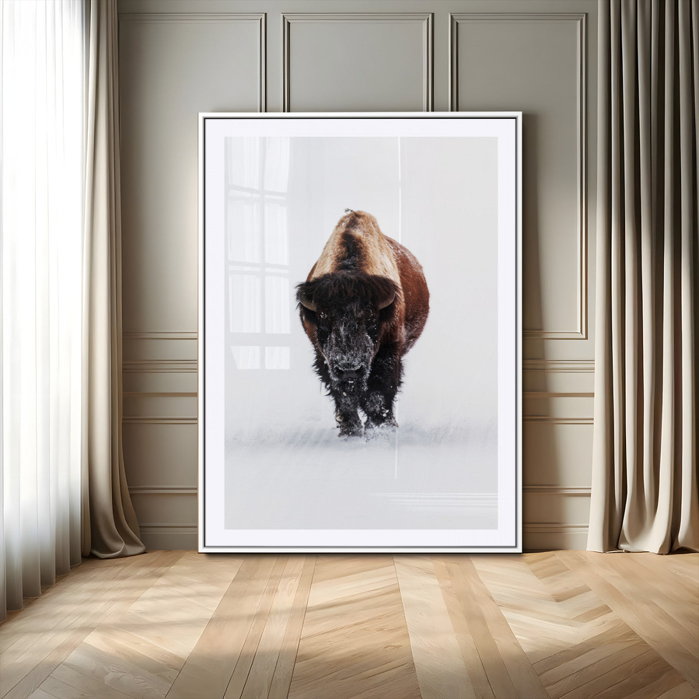 Front view of a strong bison walking in deep snow, isolated white background, perfect for rustic or lodge-style home decor.
