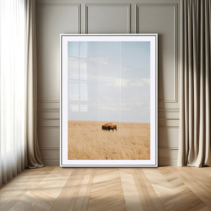 Minimalist Nature Wall Art Canvas Print, Framed Bison In Grassland Art Picture Print, Open Field Perfect Modern Ranch Decor Decor Artwork