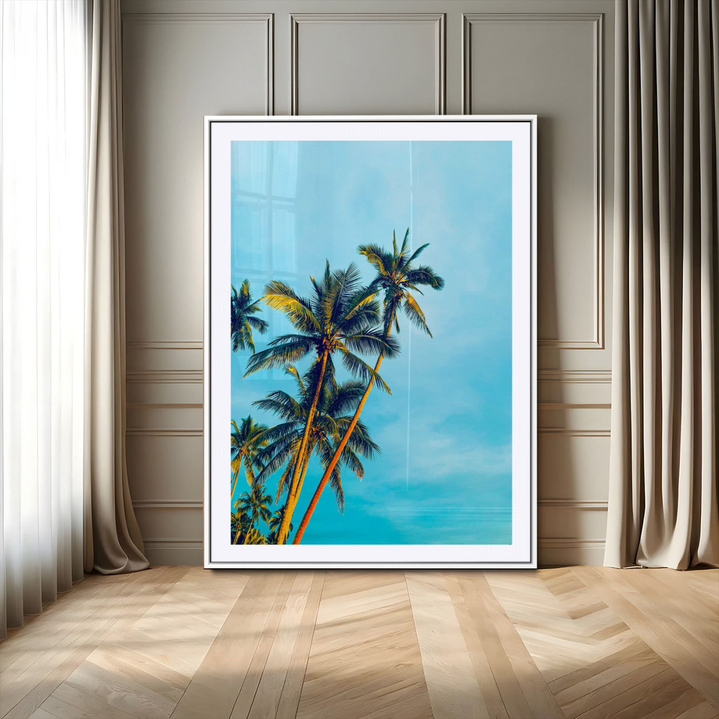 "Tall palm trees with golden sunlight against a vibrant blue sky, creating a tropical, relaxing atmosphere for coastal and beach-themed decor.
