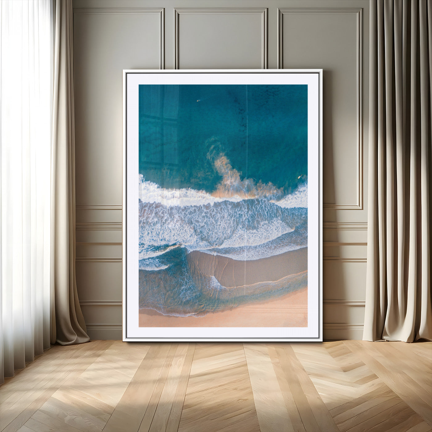 97740681-MGC-FP-24x36_White-Aerial Beach View Wall Art Canvas Print, Framed Ocean Waves Art Picture Print, Coastal Serenity Perfect Coastal Minimalist Decor Artwork