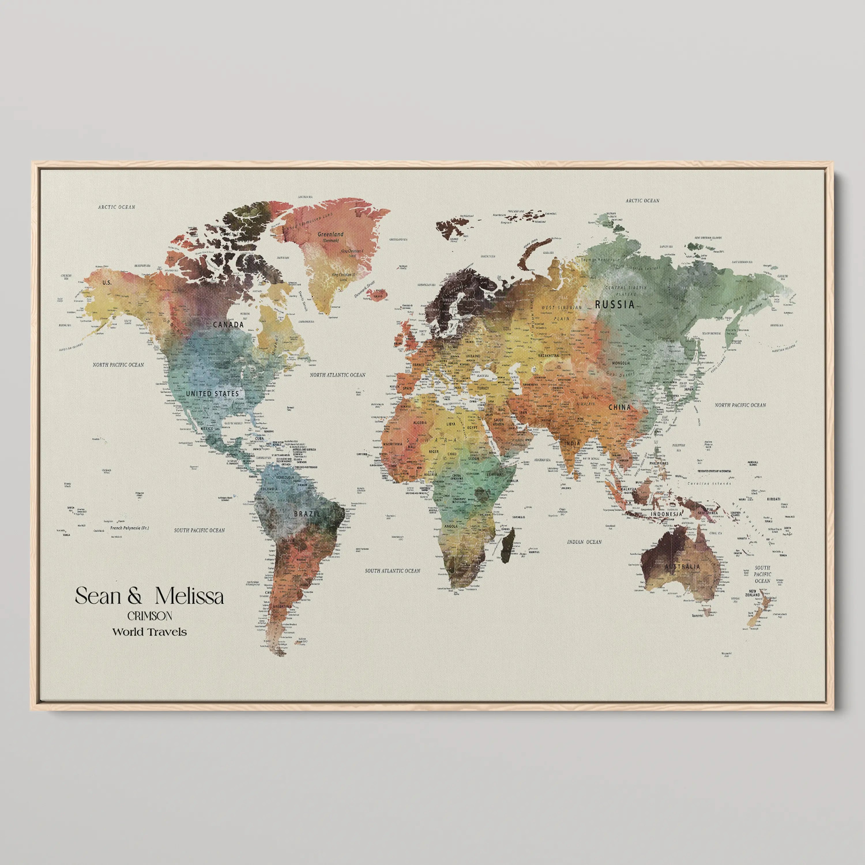 77826024-MGV-CV-36X24-Personalized Travel Map Canvas Print – Custom Framed Push Pin World Art Gift for Couples, Anniversaries, or Explorer-Themed Decor