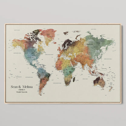 77826024-MGV-CV-36X24-Personalized Travel Map Canvas Print – Custom Framed Push Pin World Art Gift for Couples, Anniversaries, or Explorer-Themed Decor