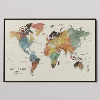 77826024-MGV-CV-36X24-Personalized Travel Map Canvas Print – Custom Framed Push Pin World Art Gift for Couples, Anniversaries, or Explorer-Themed Decor