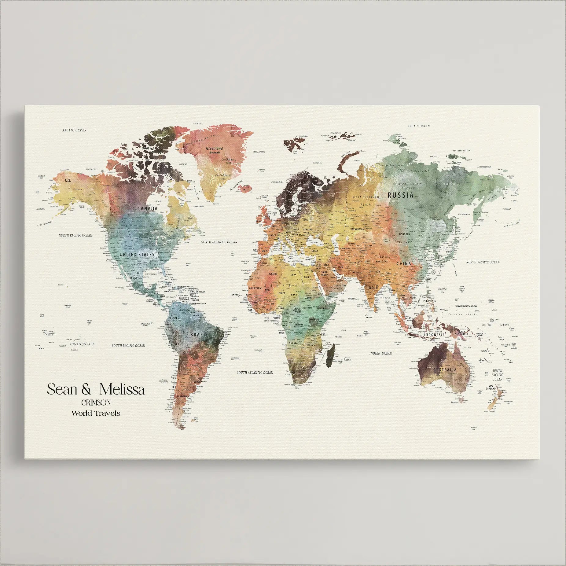 77826024-MGV-CV-36X24-Personalized Travel Map Canvas Print – Custom Framed Push Pin World Art Gift for Couples, Anniversaries, or Explorer-Themed Decor