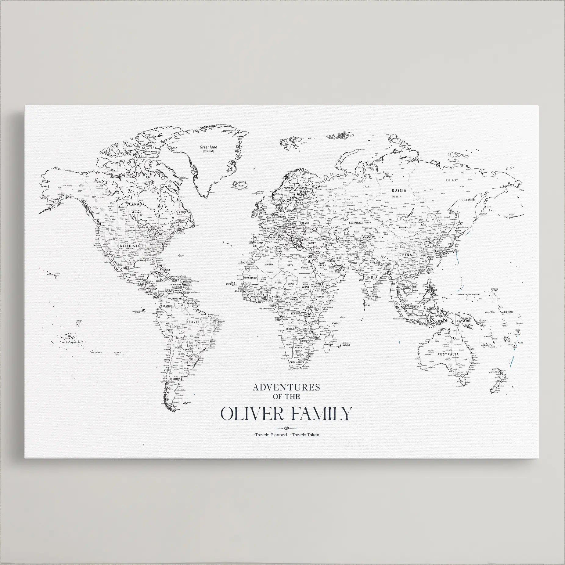 77826024-MGV-CV-36X24-Personalized Travel Map Canvas Print – Custom Framed Push Pin World Art Gift for Couples, Anniversaries, or Explorer-Themed Decor