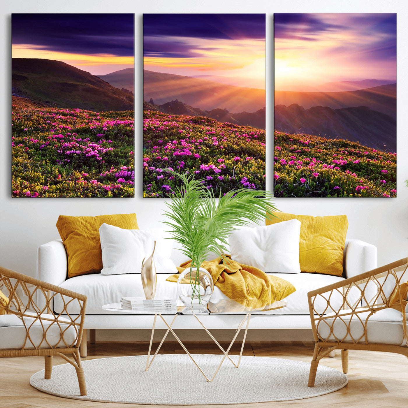 -Mountain Sunrise Wall Art – Vibrant Floral Landscape Canvas Print, Nature Home Decor for Living Room, Bedroom Office or Cabin