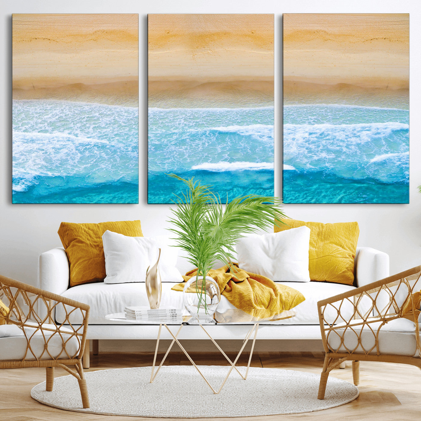 -Aerial Beach Wall Art – Serene Ocean Waves & Sandy Shore Canvas Print, Coastal Home Decor for Living Room, Bedroom or Office