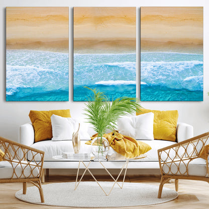 -Aerial Beach Wall Art – Serene Ocean Waves & Sandy Shore Canvas Print, Coastal Home Decor for Living Room, Bedroom or Office