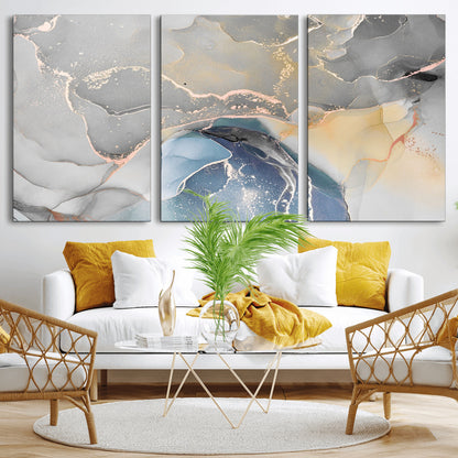 -Abstract Fluid Art Wall Decor – Blue, Gray & Gold Canvas Print, Modern Home and Office Wall Art Decor for Living Room, Bedroom or Workspace