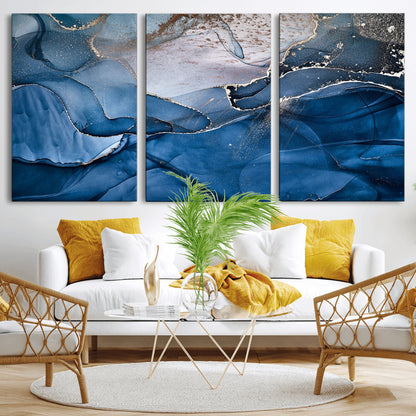 -Abstract Blue Gold Fluid Art Wall Decor – Modern Canvas Print, Elegant Home & Office Wall Art, Stylish Living Room or Bedroom Decoration