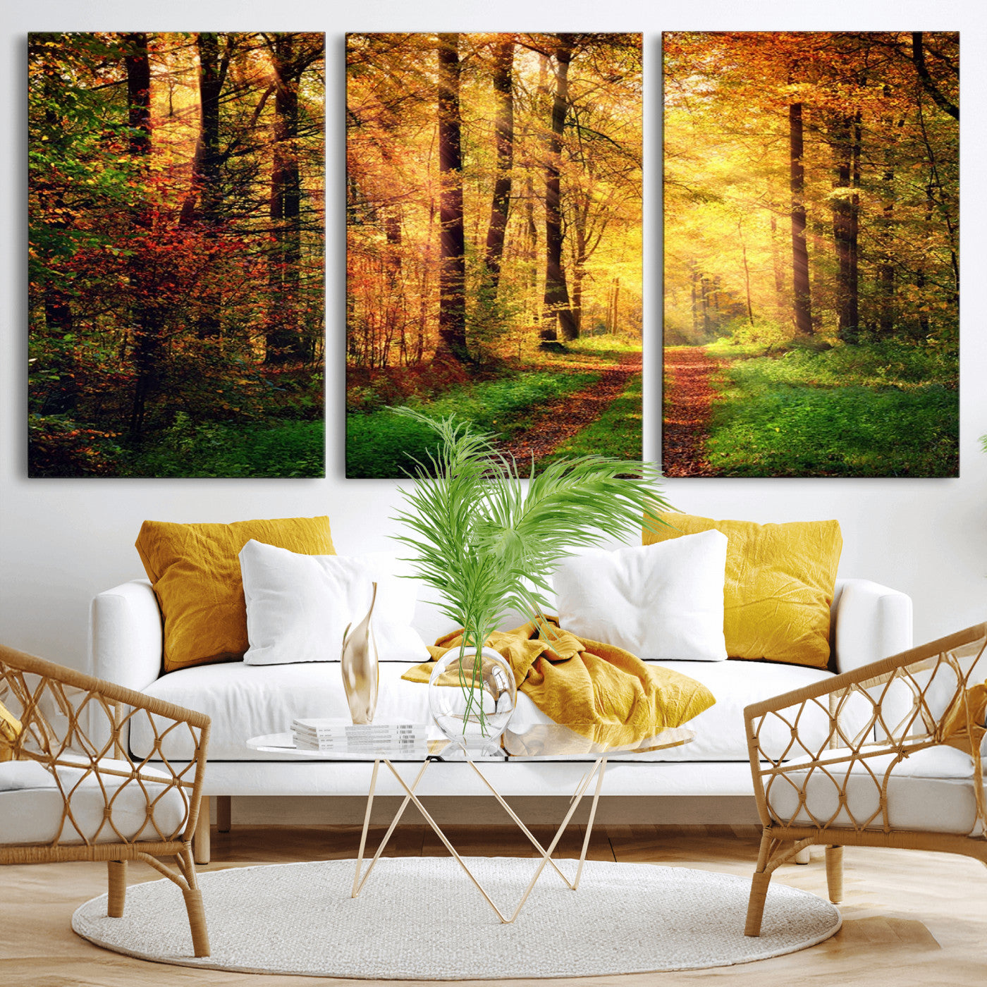 73494-MGV-CV-36X24-Golden Autumn Forest Path Wall Art – Sunlit Woodland Canvas Print, Fall Nature Landscape Home Decor
