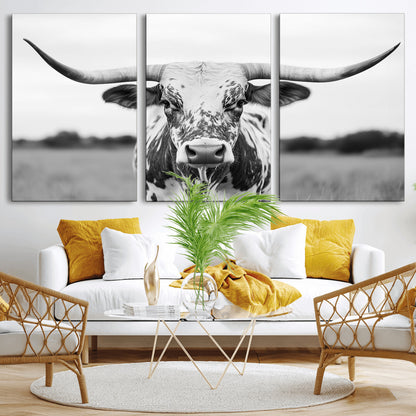 Capture the strength and elegance of nature with this striking black and white portrait of a longhorn cow. Its powerful presence makes a bold statement in any room.