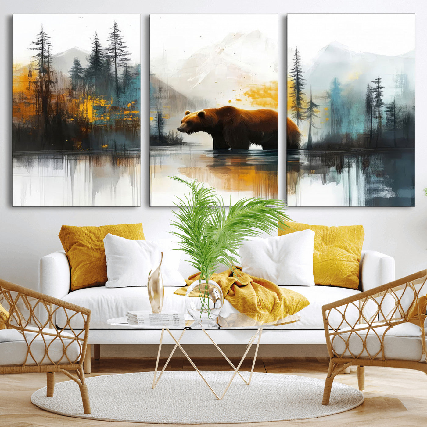 A majestic bear stands by the serene waters of a misty forest, surrounded by towering trees and distant mountains, evoking the raw beauty and wild spirit of nature.