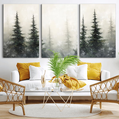 Soft and misty pine forest painting in neutral earthy tones, ideal for calm woodland or minimalist rustic home decor.