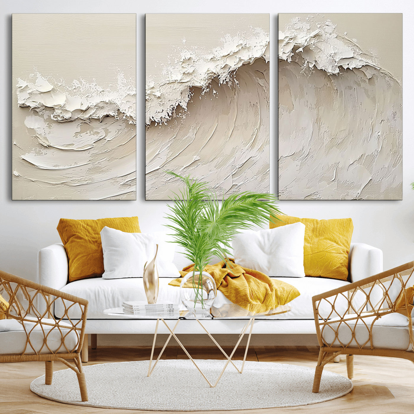 Textured canvas of an abstract white ocean wave in neutral tones, ideal for modern coastal or minimalist home decor.
