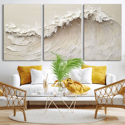 Textured canvas of an abstract white ocean wave in neutral tones, ideal for modern coastal or minimalist home decor.