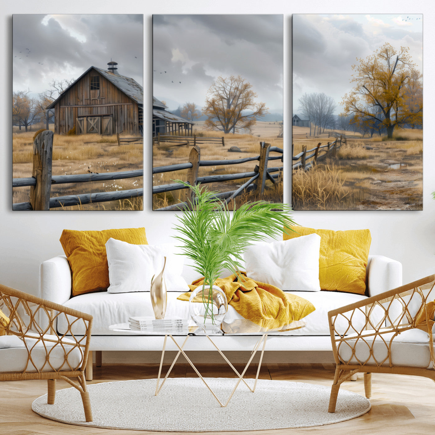 A tranquil rural scene featuring a rustic barn, overcast skies, and golden fields with scattered trees, evoking a sense of peaceful solitude in nature.