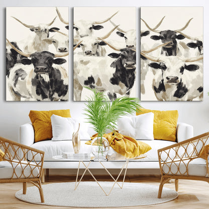 Canvas of a Texas Longhorn cattle herd in neutral black and white tones, ideal for rustic farmhouse or western-themed decor.
