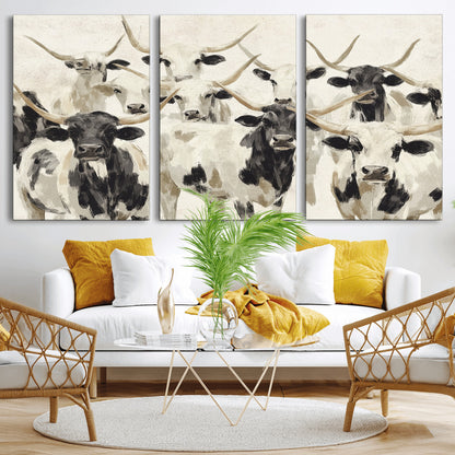 Canvas of a Texas Longhorn cattle herd in neutral black and white tones, ideal for rustic farmhouse or western-themed decor.