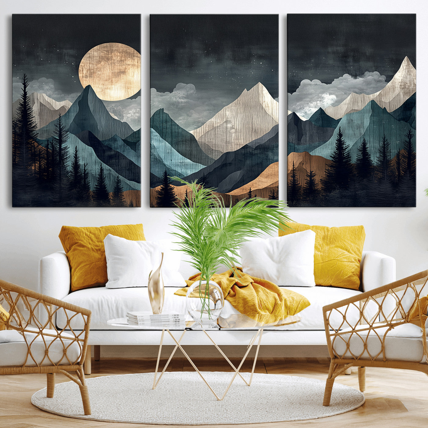 Stylized canvas of layered mountains under a full moon in neutral moody tones, ideal for nature-inspired or modern rustic interiors.