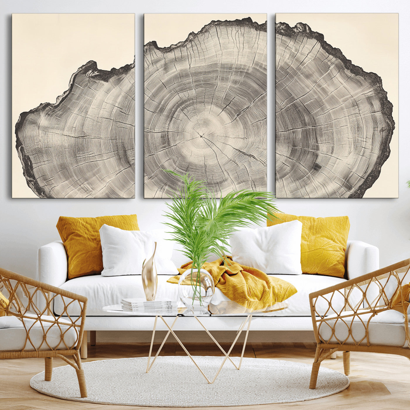 Detailed tree ring drawing in monochrome tones, ideal for rustic or nature-inspired interiors with a minimal decor aesthetic.