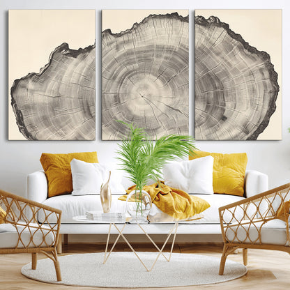 Detailed tree ring drawing in monochrome tones, ideal for rustic or nature-inspired interiors with a minimal decor aesthetic.