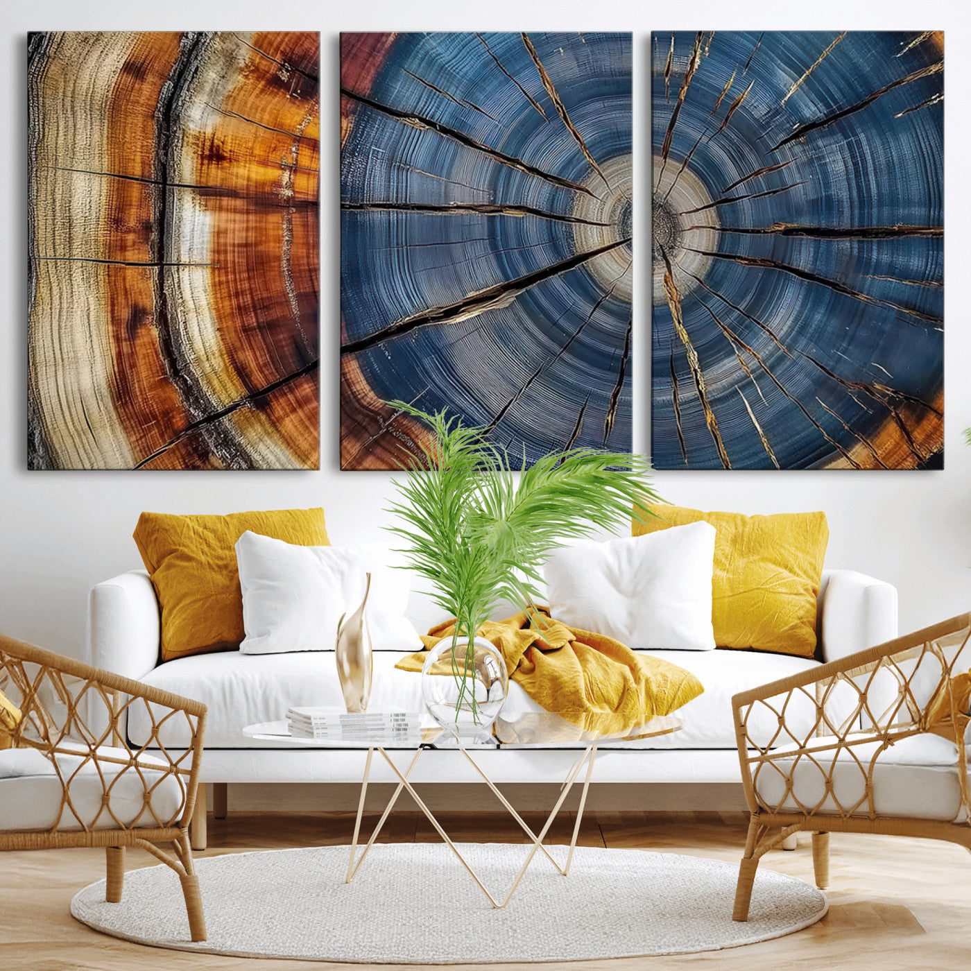 A stunning close-up view of a tree trunk, showcasing the intricate growth rings in a vibrant mix of warm browns, cool blues, and hints of natural texture.