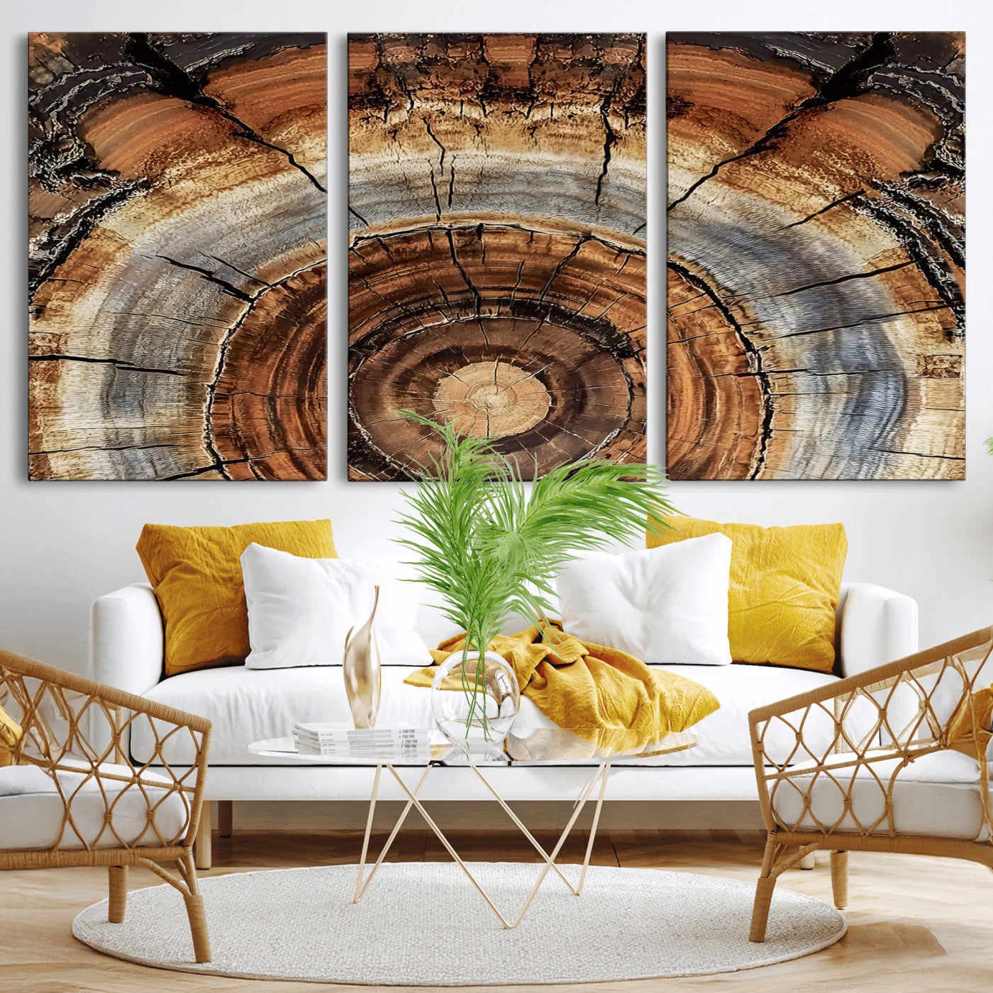 Canvas of tree rings and natural wood grain in earthy tones, ideal for rustic or vintage-inspired home decor with organic textures.