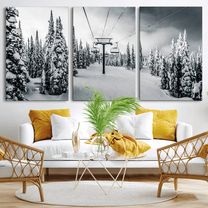 Canvas of a snowy ski lift scene through a forest of tall pine trees, ideal for moody winter or alpine-themed home decor.