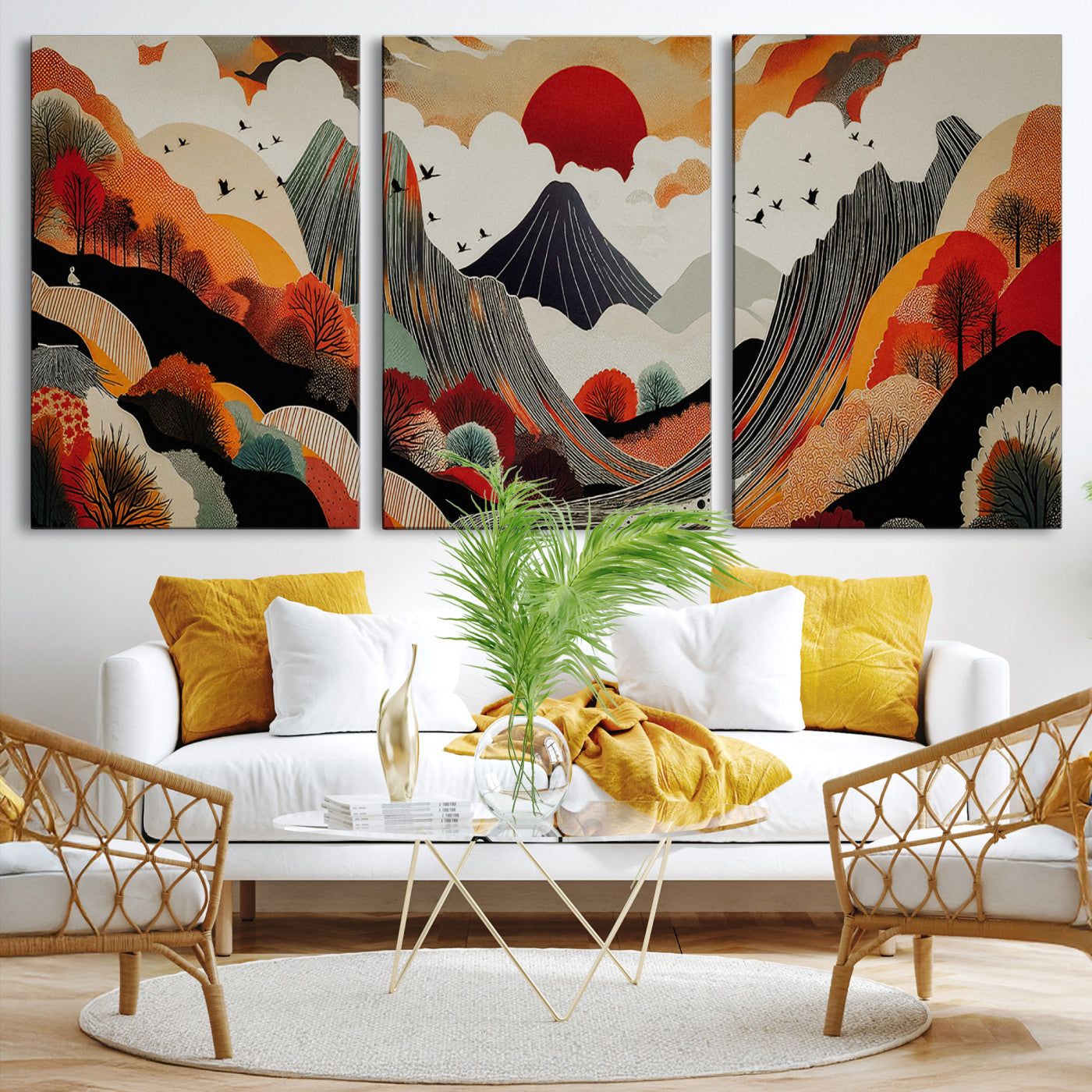 Abstract Mountain Wall Art Canvas Print, Vibrant Landscape Print, Framed Stylized Nature Drawing Art Print, Large Sunset Mountains Printing Perfect for Contemporary Minimalist Decor