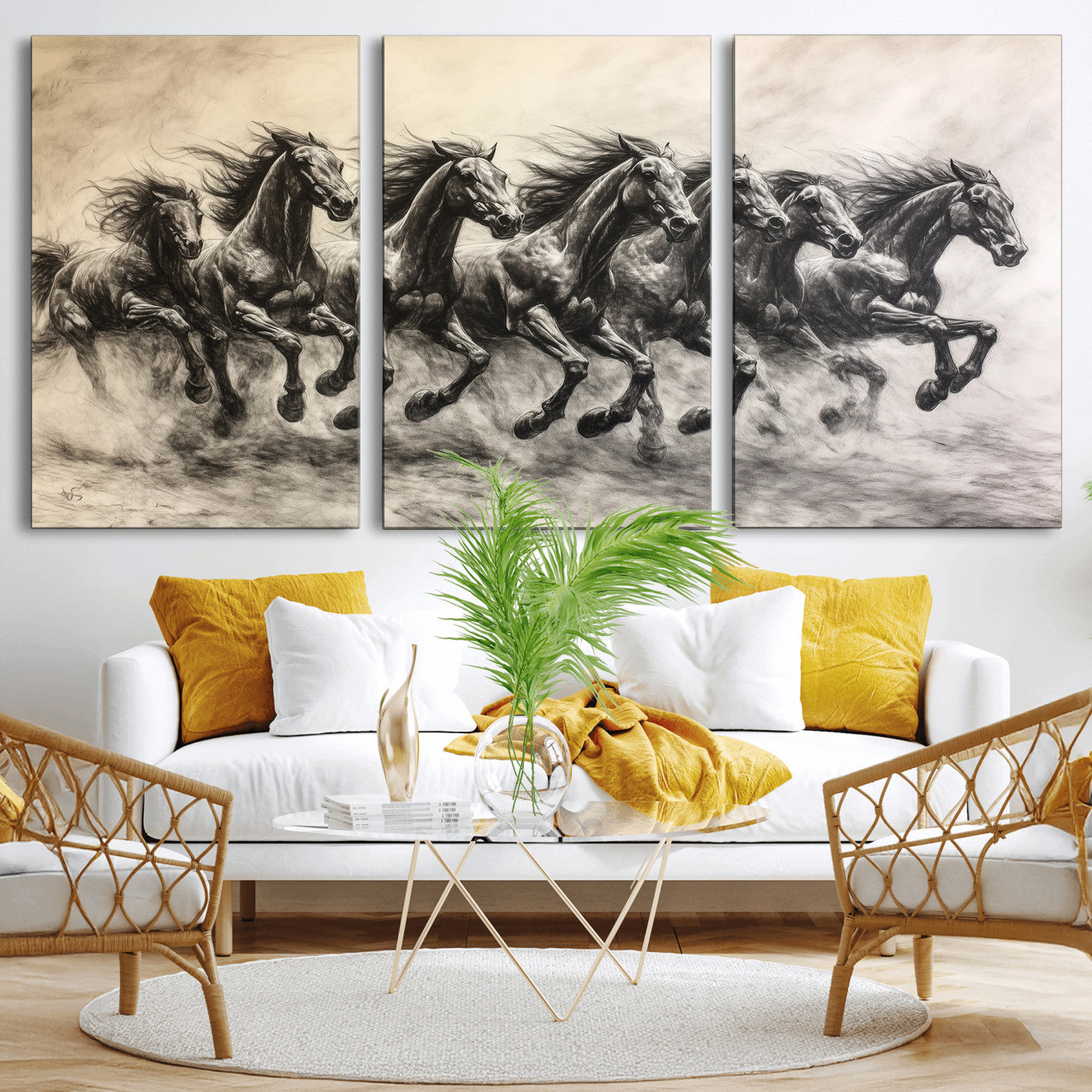 Monochrome drawing of a herd of galloping horses, perfect for dynamic and wild-themed decor in any equestrian or nature-inspired room.