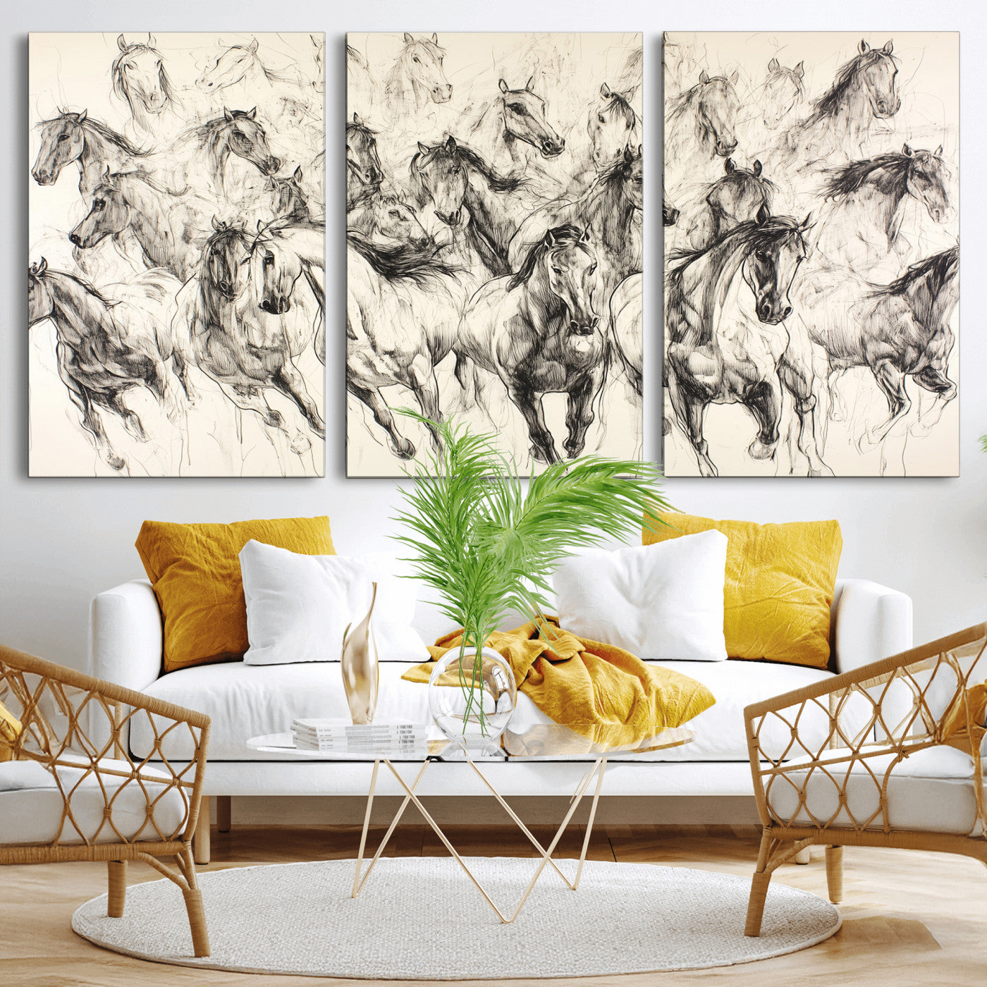 Monochrome ink sketch of galloping horses in dynamic motion, perfect for western or equine-themed wall decor with bold artistic energy.