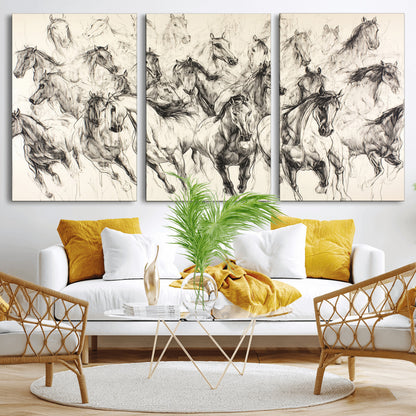 Monochrome ink sketch of galloping horses in dynamic motion, perfect for western or equine-themed wall decor with bold artistic energy.
