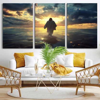 Spiritual artwork of Jesus walking on water at golden hour with divine light, ideal for Christian home decor or prayer room.