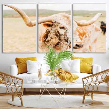Close-up of a speckled Texas Longhorn in warm prairie tones, perfect for rustic western or countryside-themed room decor.