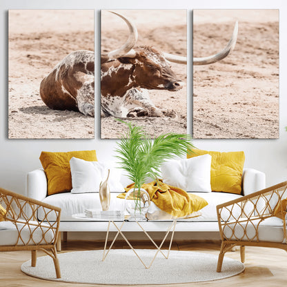 Texas Longhorn bull resting on dusty ground with warm tones, ideal for rustic western or farmhouse-themed wall decor.