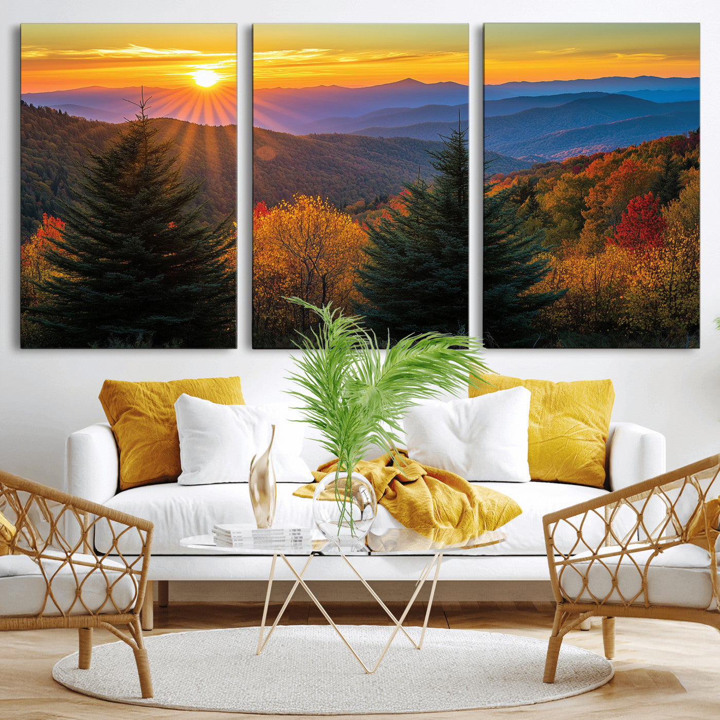 Vibrant sunset over autumn mountains with colorful trees and warm light, ideal for nature lovers or cabin-style wall decor.