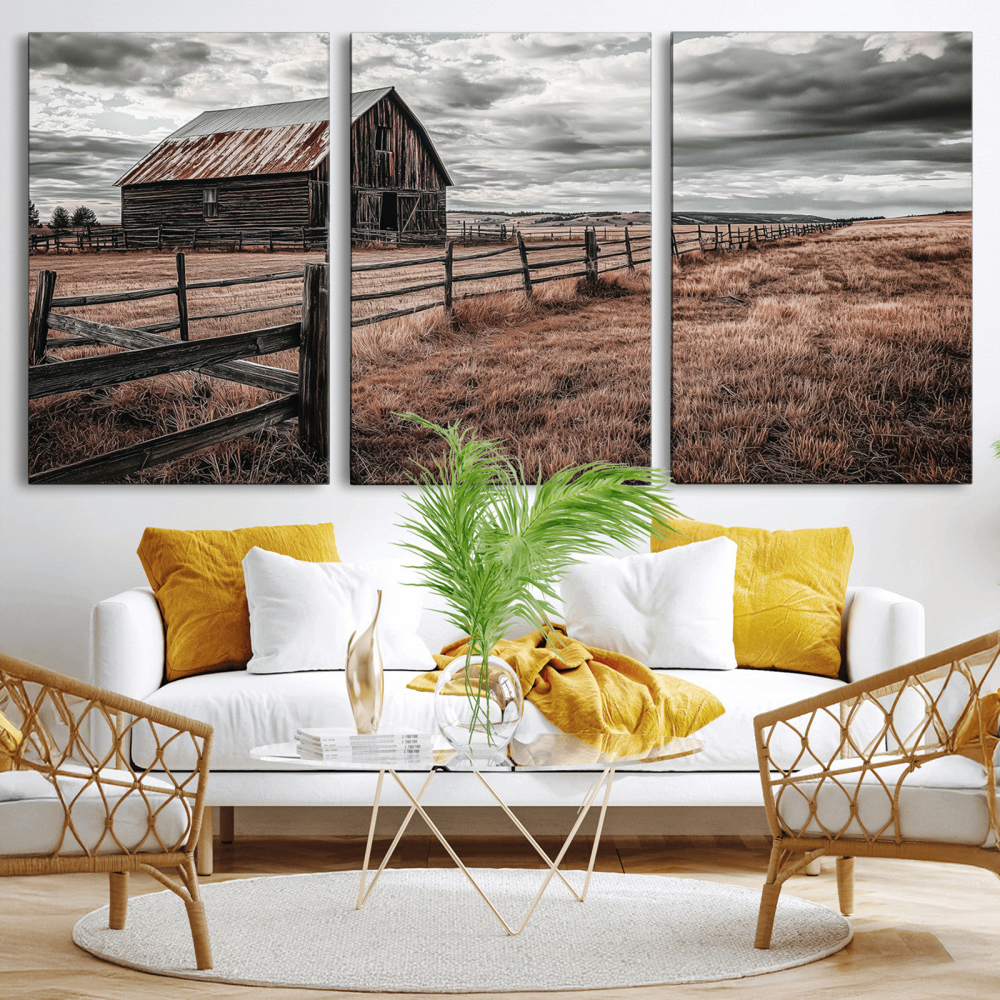 Framed canvas of a rustic barn under a moody sky with weathered fence and dark fields, ideal for farmhouse or rural-style wall decor.