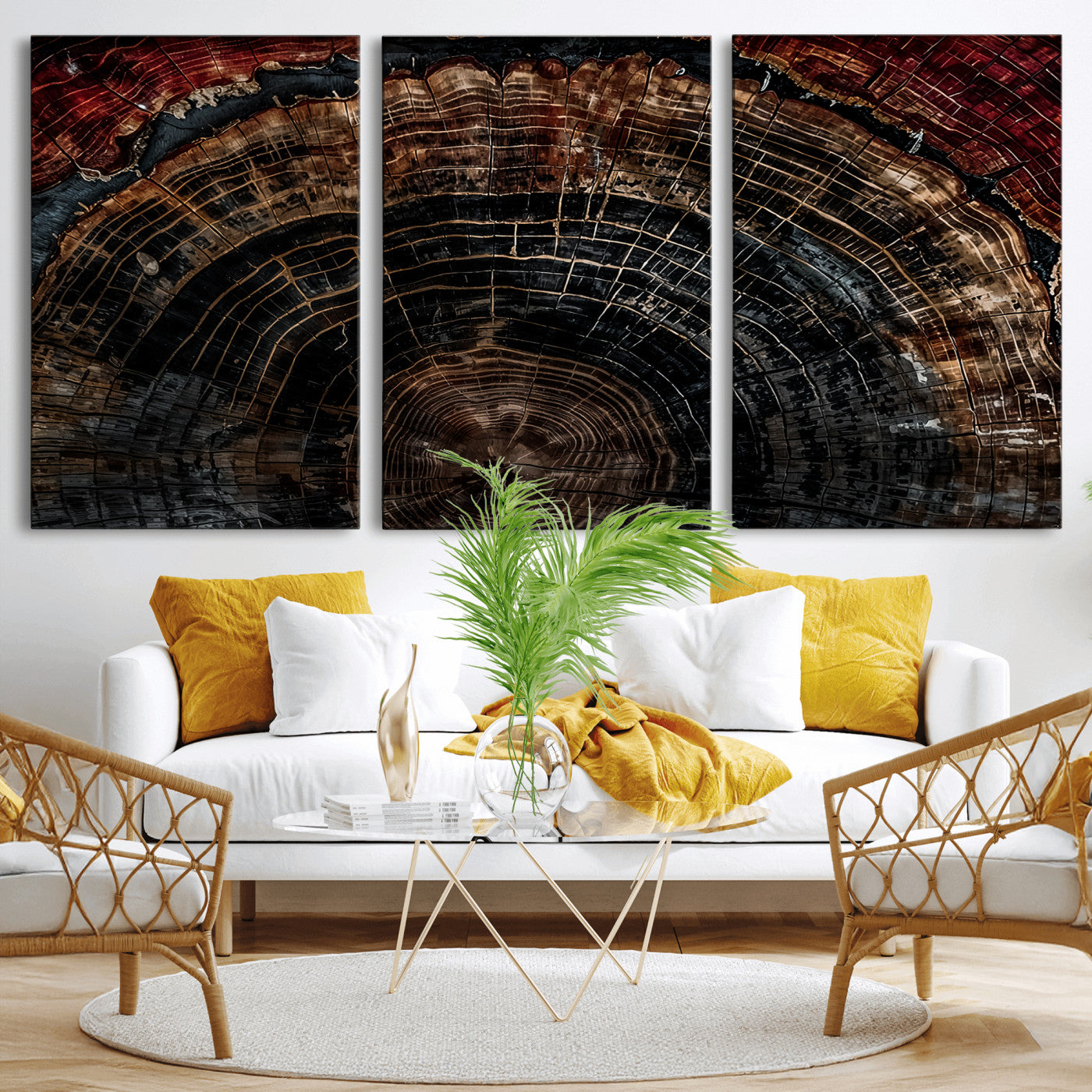 Dark Wood Wall Art Print - Petrified Tree Canvas Print, featuring an intricate tree ring pattern with deep earthy tones and organic textures, perfect for rustic and nature-inspired decor.