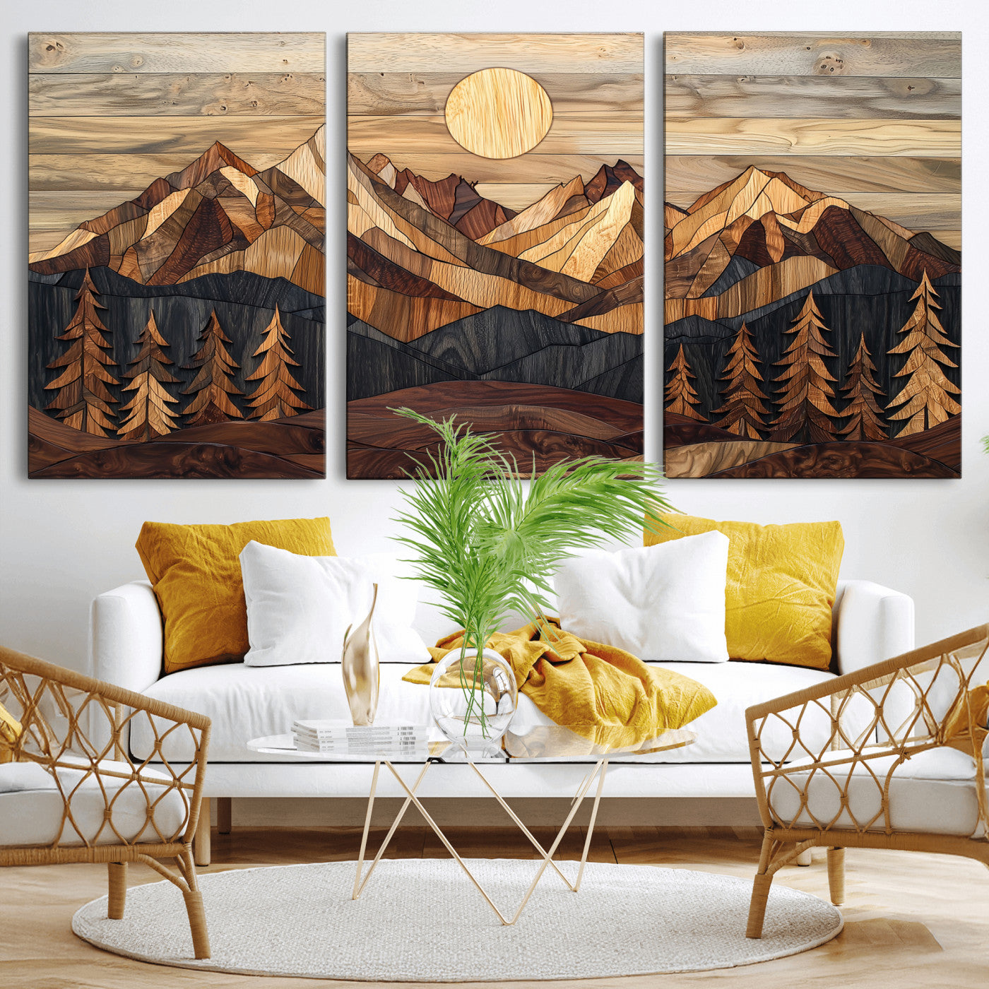 Mountain Landscape Wall Art Print - Sunset Hills Canvas Print, featuring an abstract nature scene with earthy tones and misty peaks, perfect for boho and modern decor.