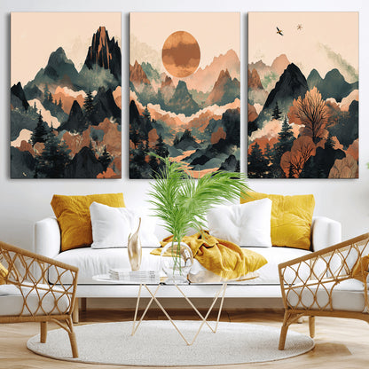 Mountain Landscape Wall Art Print - Sunset Hills Canvas Print, featuring an abstract nature scene with earthy tones and misty peaks, perfect for boho and modern decor.