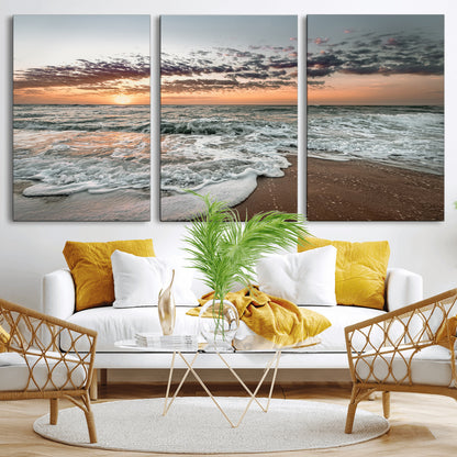 Ocean Sunset Wall Art Print - Beach Waves Canvas Print, featuring a serene seascape with golden sunlight reflecting on gentle waves, perfect for coastal and minimalist decor.