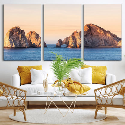 Framed canvas of El Arco rock formation in Cabo San Lucas at golden hour, ideal for coastal landmark or ocean-inspired decor.