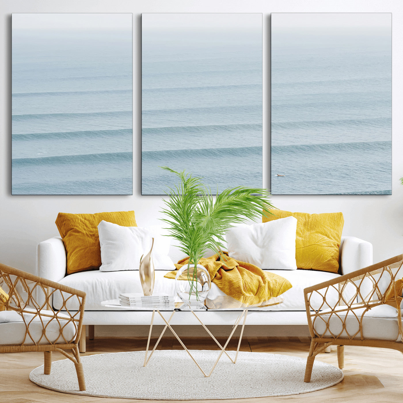 Framed canvas of repeating ocean waves with a distant solo surfer, ideal for minimalist ocean or calm coastal wall decor.