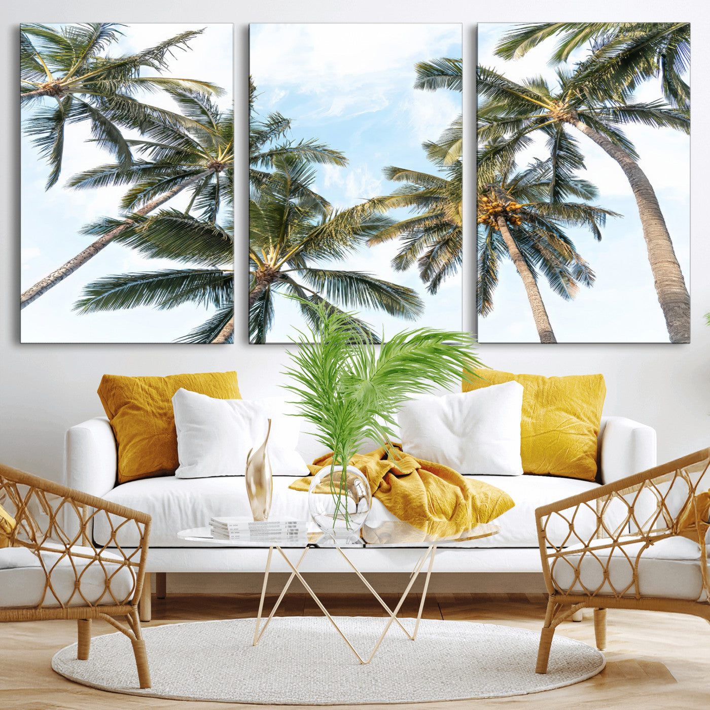 Framed canvas of tall palm trees reaching into a tropical sky, ideal for beach home or relaxed island-inspired wall decor.
