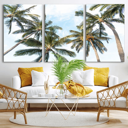 Framed canvas of tall palm trees reaching into a tropical sky, ideal for beach home or relaxed island-inspired wall decor.