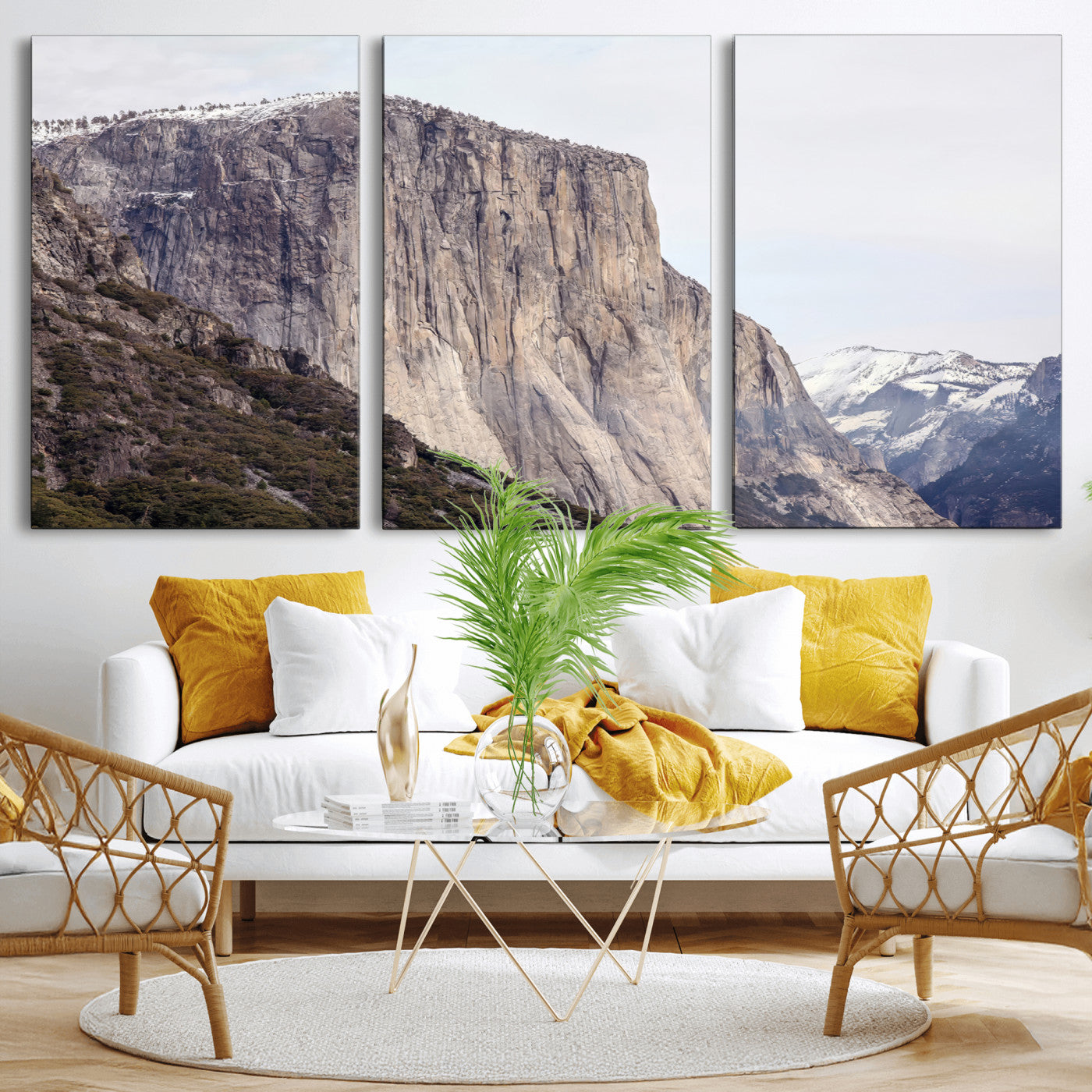 Framed canvas of El Capitan’s vertical granite face in Yosemite with snowy peaks, ideal for Sierra minimalism or mountain-inspired decor.