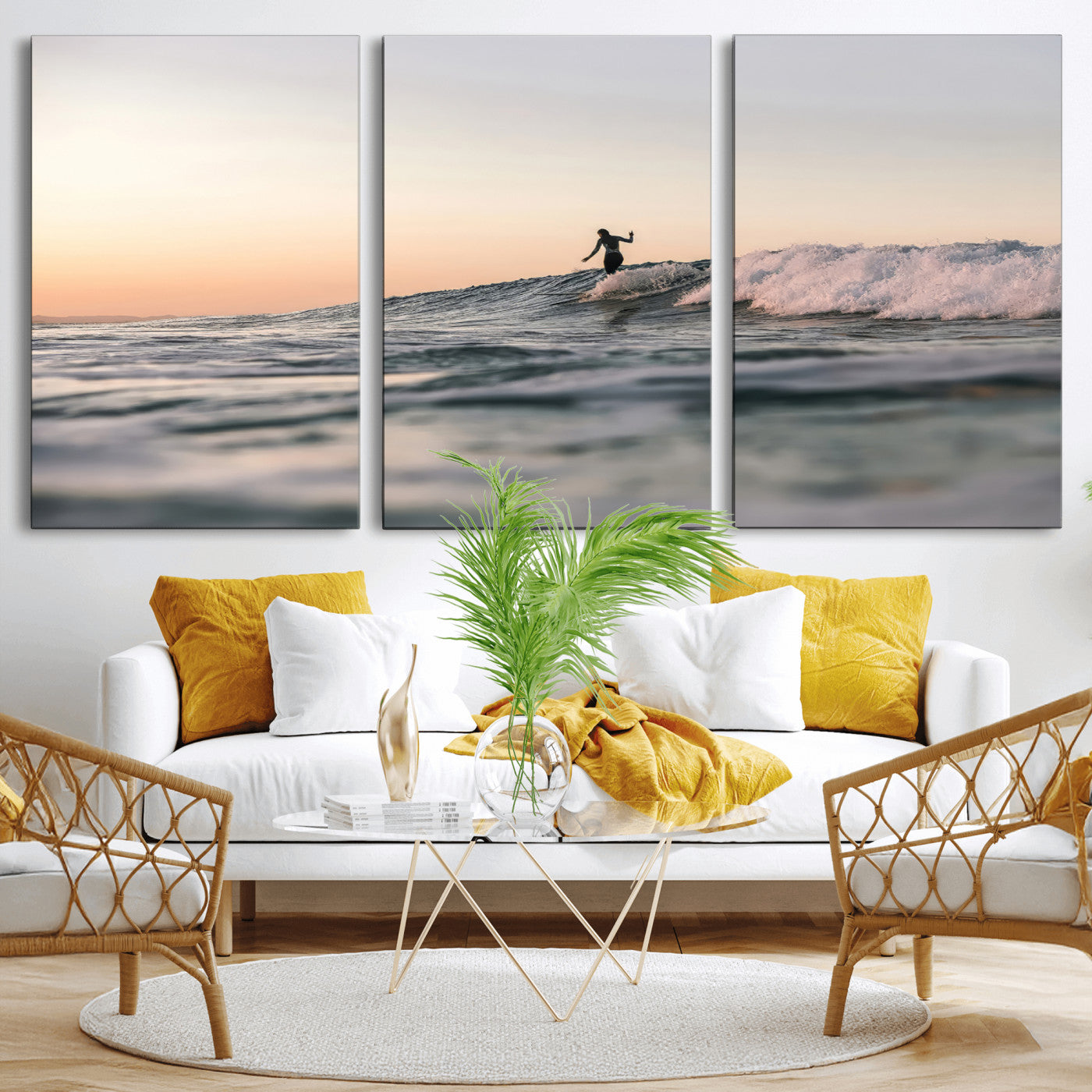 Framed canvas of a female surfer balancing on a wave at sunset, perfect for serene surf or ocean-inspired coastal decor.