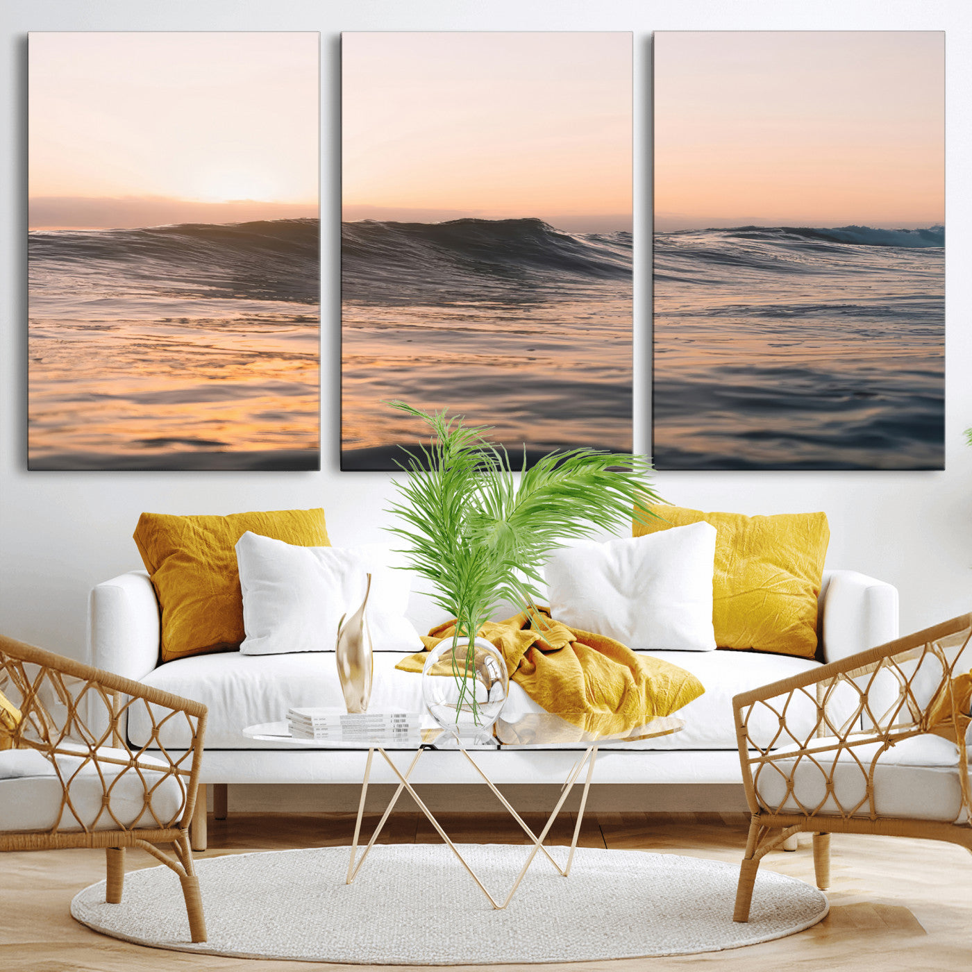 Framed canvas of ocean waves glowing in sunset light, ideal for golden hour calm or peaceful coastal-inspired wall decor.
